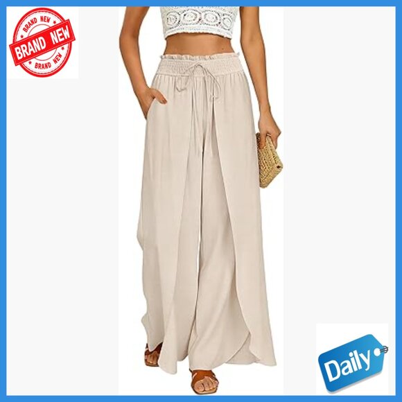 Linen Wide Leg Palazzo Pants High Waisted Side Split Beach Casual